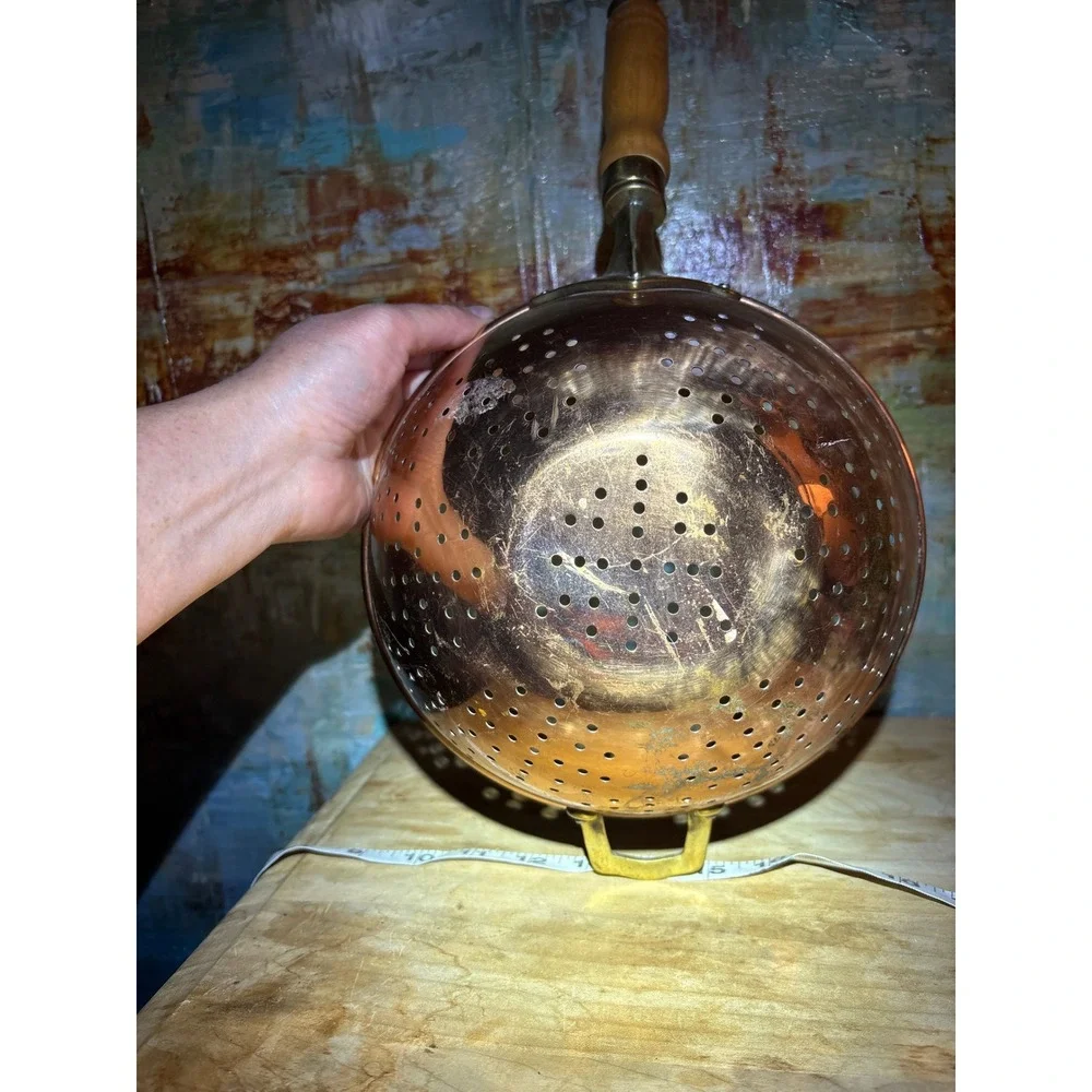 Old Dutch International Vintage Copper Colander Wood Handle Brass Helper Korea